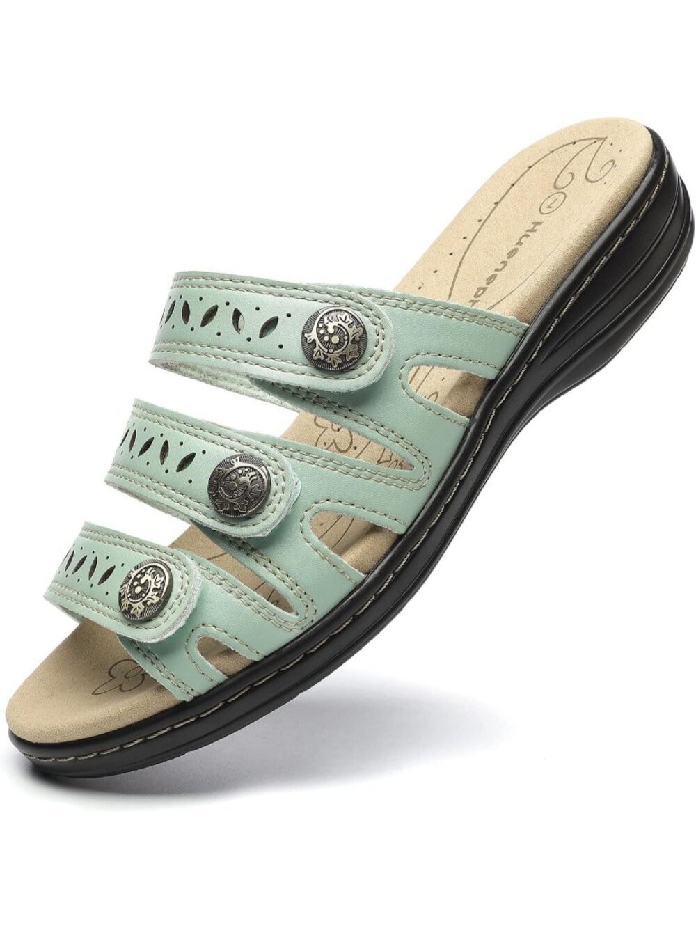 Women's Comfort Leather Slides Flat Sandals Mint Slip On Casual Walking Slippers